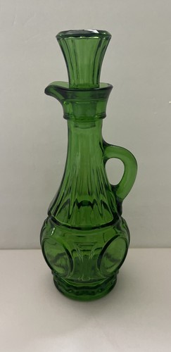 Vintage Tall Wheaton Green Glass Cruet Bullseye with Stopper 8”