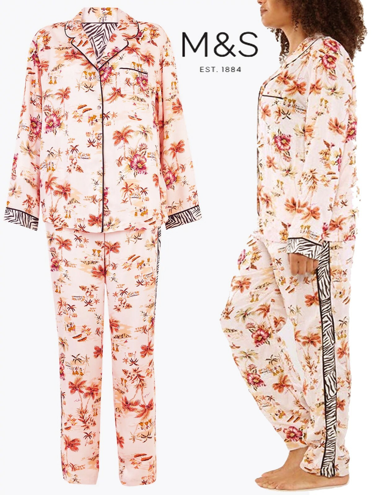 NEW Mu0026S Ladies Tropical Print Pyjama PJ Set Nightie Loungewear Size 6-22  palm | eBay