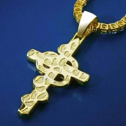 3Ct Round Cut Lab-Created Red Ruby 14K Yellow Gold Plated SNAKE ON-CROSS Pendant - Image 3 of 4