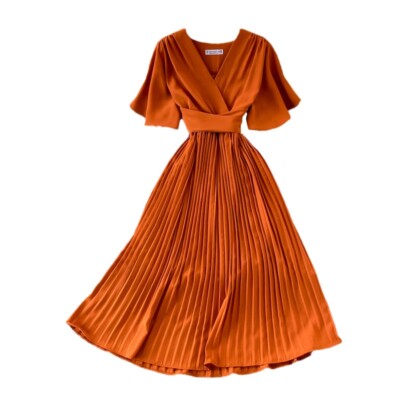 pleated dress orange Orange Pleated Midi Dress