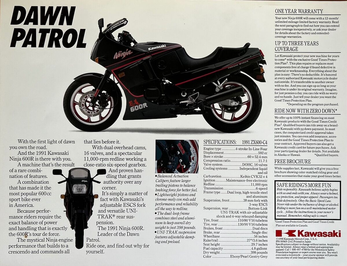 洋書 Motorcycles 1991 Kawasaki ZX600-C4 Ninja 600R double-sided brochure