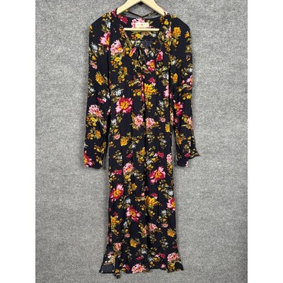 Natural Life Size Medium Rowan Side Slit Midi Dress Black Floral Flowy