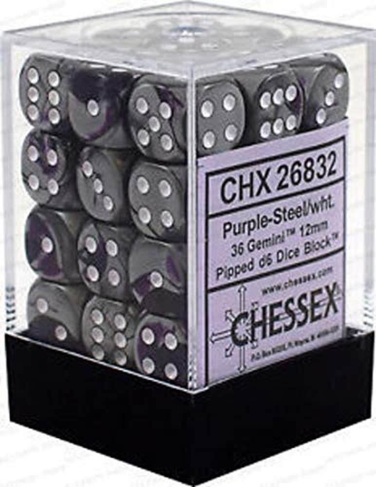 Шахматные кости Chessex CHX26832 - Gemini: 36D6 Фиолетовый/Стальной/Белый