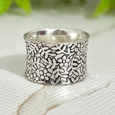 Handcrafted Oxidized Floral Silver Ring Adjustable Boho Statement , All Size