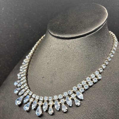 Vintage Weiss Ice Blue Rhinestone Statement Fringe Bib Necklace Silver Tone