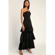 Lulus Blissfully Beautiful Black Satin Strapless Tiered Maxi Dress Formal Gown M