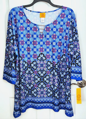 NEW $64 Ruby Rd. Womens Floral Tunic Blouse Shirt Top Blue Purple