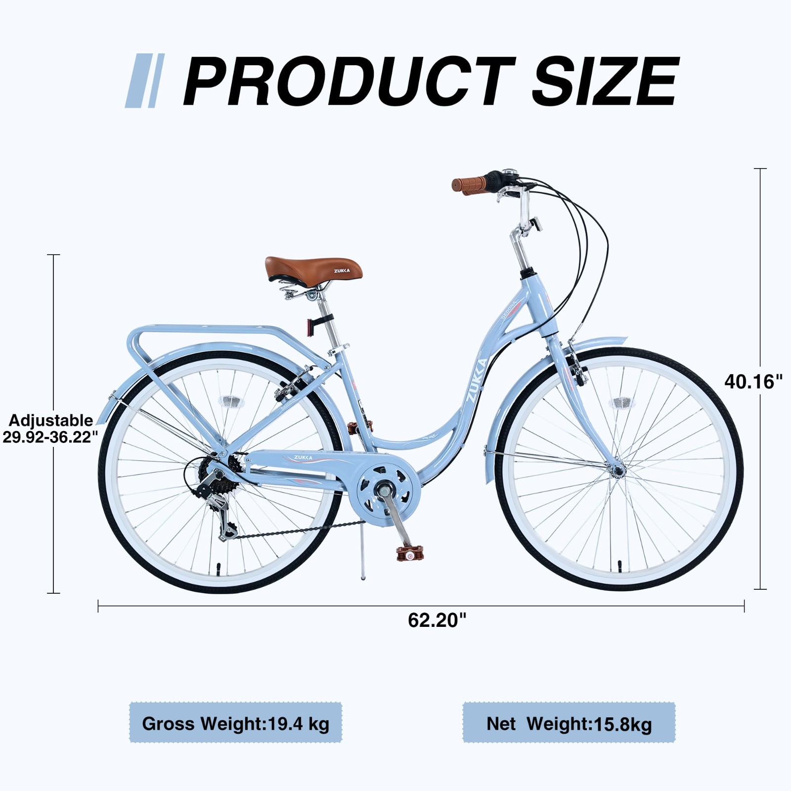 Women's Bike 24 Inch Beach Cruiser Bike with Back Seat Ladies Bike 7 Speed Blue
