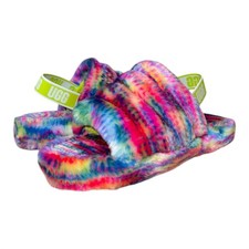 Kids Girls Ugg Fluff Yeah Pixelate Logo Sheepskin Slide Sandals 1129072K