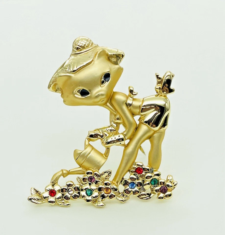 Cool Chicky Cat & Butterfly Brooch Watering Flowers Danecraft Pin - Image 4 of 4