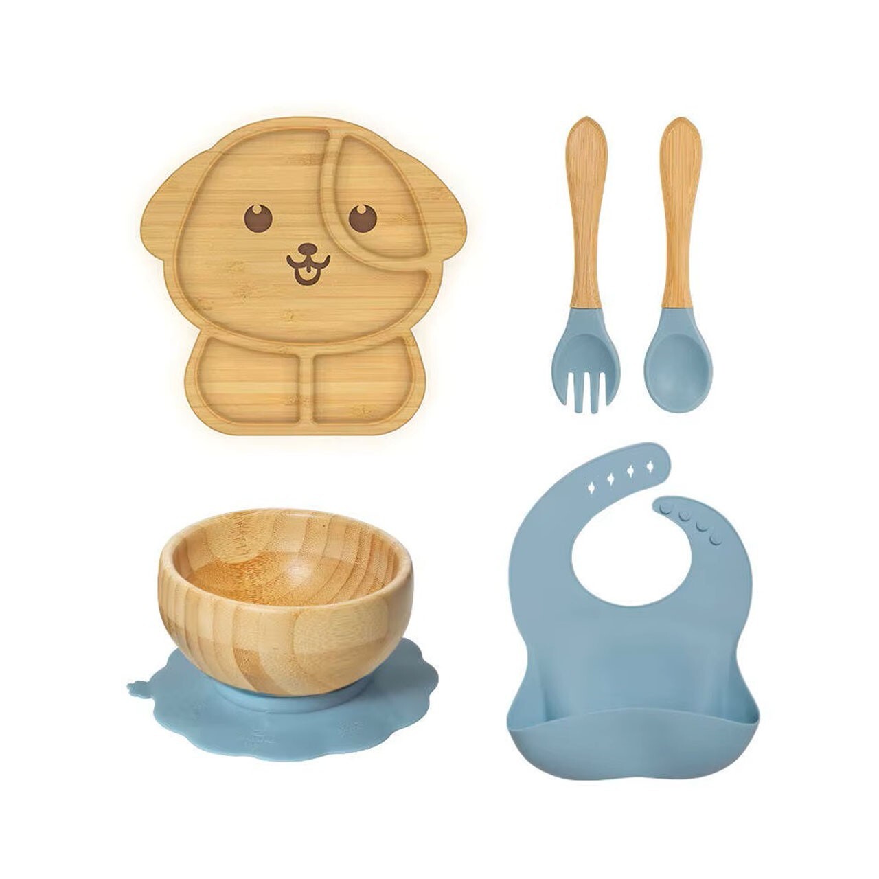 Bambus Kindergeschirr-Set: Teller, Schüssel, Lätzchen, Gabel & Löffel