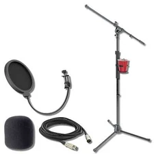 On-Stage MS7701B Tripod Microphone Boom Stand with XLR Cable, Cup Holder, Pop's