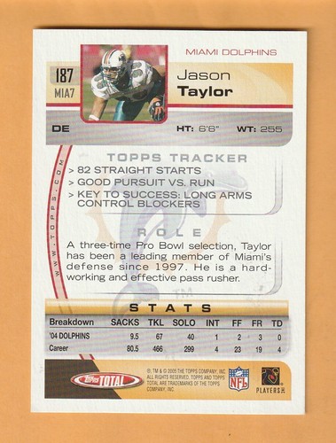 Jason Taylor Miami Dolphins 2005 Topps Total #187 HOF Akron Zips - Picture 2 of 2