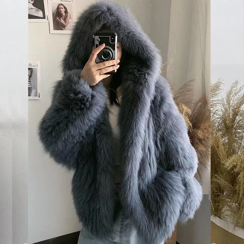 Women Real Fox Fur Knitted Coat Hooded Bat Sleeve Baggy Jacket Warm Outwear Tops - Picture 25 of 43