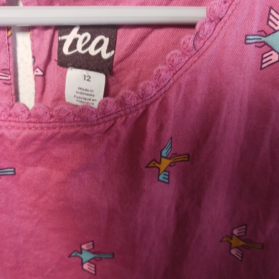 Tea Collection Girls Size 12 Deep Pink Birds Ruffled Sleeve Dress Cotton - Image 3 of 4