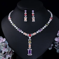 Multicolor Square Dangle Drop CZ Wedding Necklace Earrings Jewelry Set for Bride