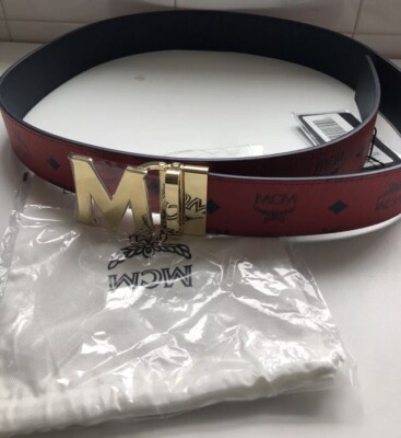 MCM Brand Visetos Red Black Reversible Belt Gold Faux Leather New