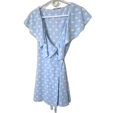 Maison D’AngelAnn Blue Polka Dot Silk Blend Wrap Midi Dress, Size 38 (US 6)