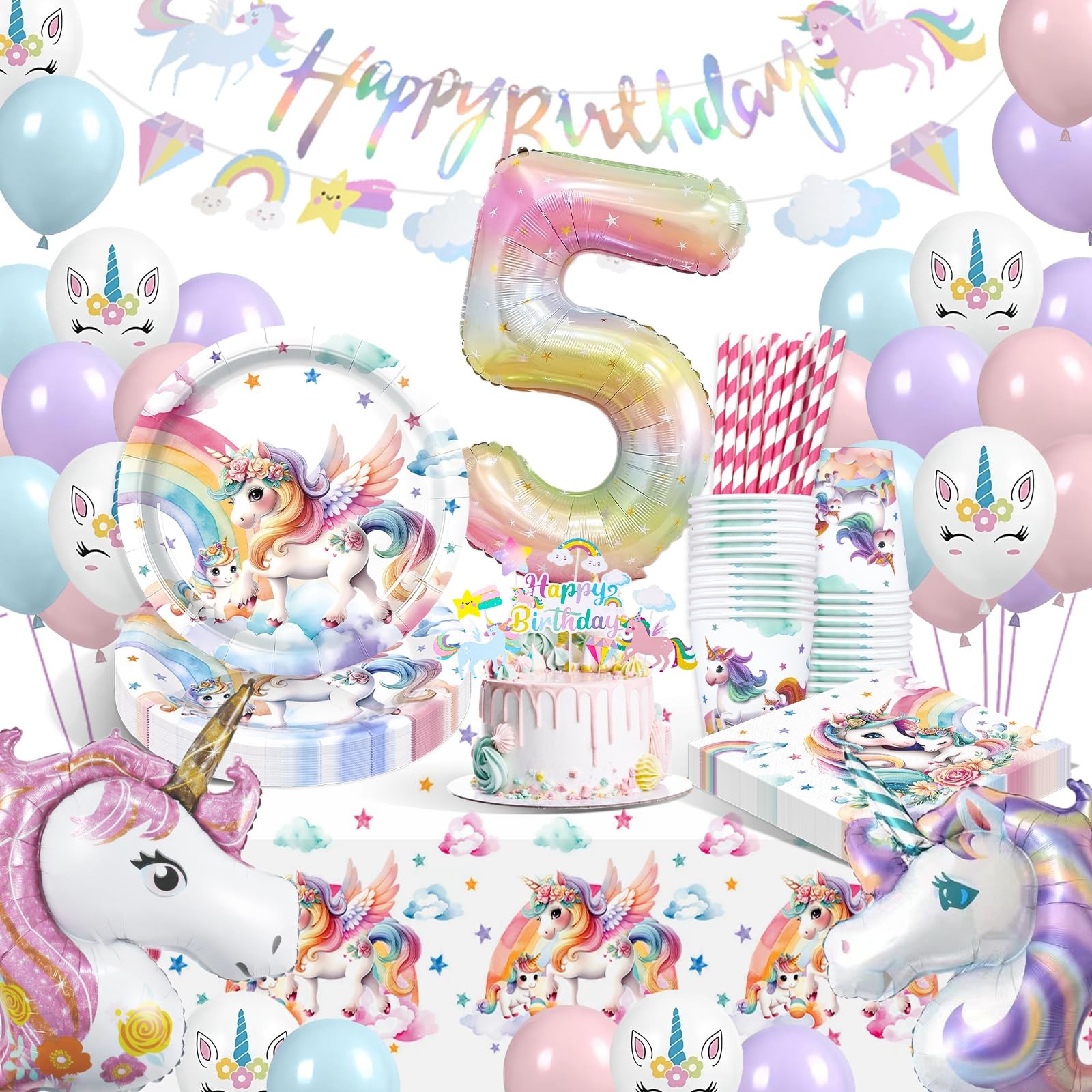Assiettes licorne 5 ans fille en carton pour une table de fête d'anniversaire