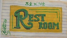VINTAGE CROSS STITCH  EMBROIDERY HAND PAINTED 8.5x4.5 REST ROOM