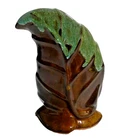 Anna Van Briggle Deep Green / Blrown Drip Pottery LEAF VASE
