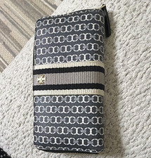 Tory Burch Women  s Zip-Around Wallet Gray White Black Logo Zipper