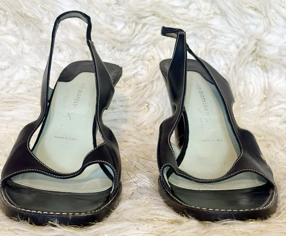 Sigerson Morrison Vintage Black Leather Slingback Heels Size 10 Made In Italy - Image 3 of 4