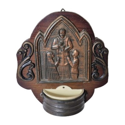 Wall Holy Water Font Vessel Art Deco Priest With Couple Copper Relief Wood Vtg 