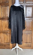 Vintage Natori Silky Satin Maxi Nightgown Size Small Black Sheer Lace Sleeves
