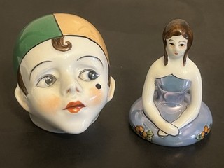 (2) Noritake Art Deco Lustreware Figural Inkwell Lids Only Harlequin Head Lady