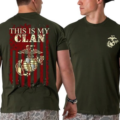 U.S. Marines This Is My Clan T-Shirt, 2 Sides Distressed American Flag