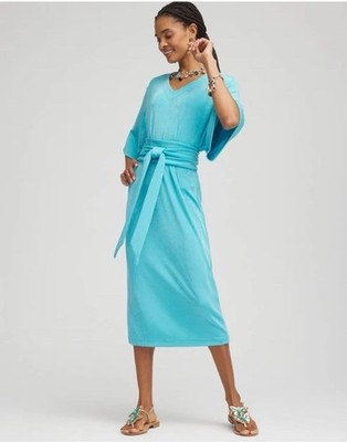 Chicos Travelers Solid Kimono Dress Blue Belted Midi Stretch Size M NWT