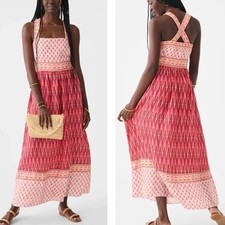 Faherty Gracie Pink Floral Print Criss Cross Back Smocked Midi Dress Size Small