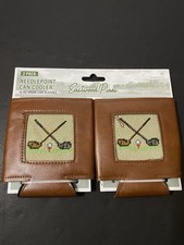 Eastwood Pines Leather Needlepoint Golf Can Cooler 2 Pack 12 oz Can Sleeves NEW