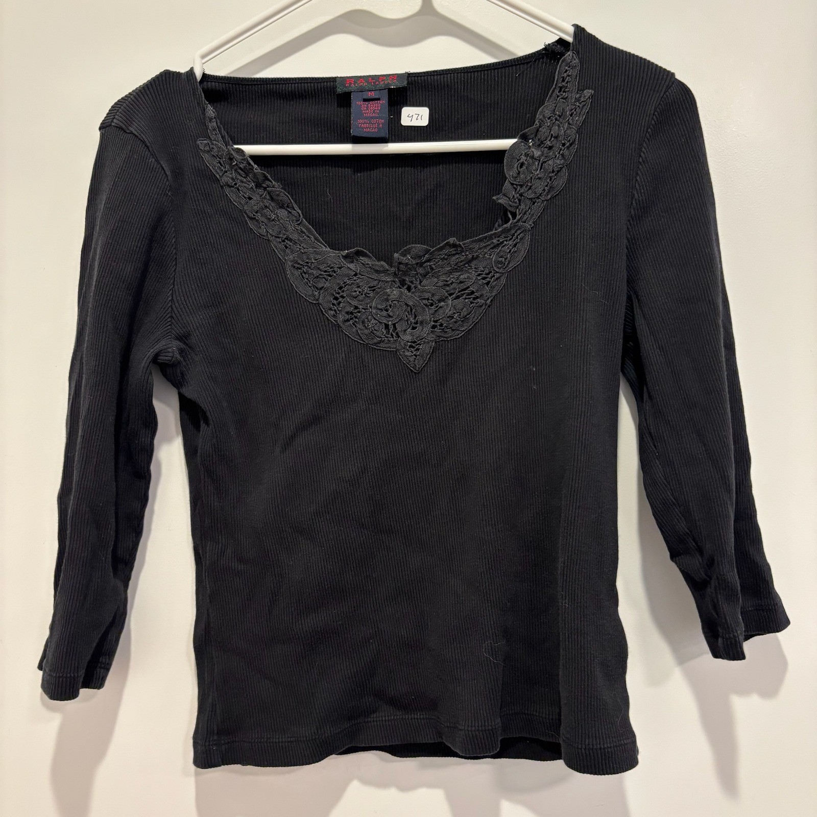 Ralph Lauren Black Ribbed Cotton Lace Trim V-Neck 3/4 Sleeve Top Medium