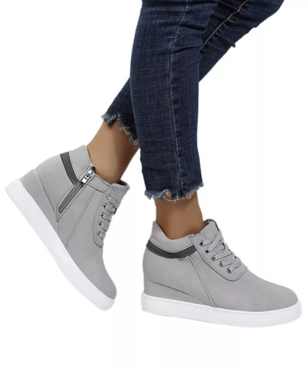 ROSY Womens Gray Zip Up Wedge Sneakers Lace Front Leather Size 9 M