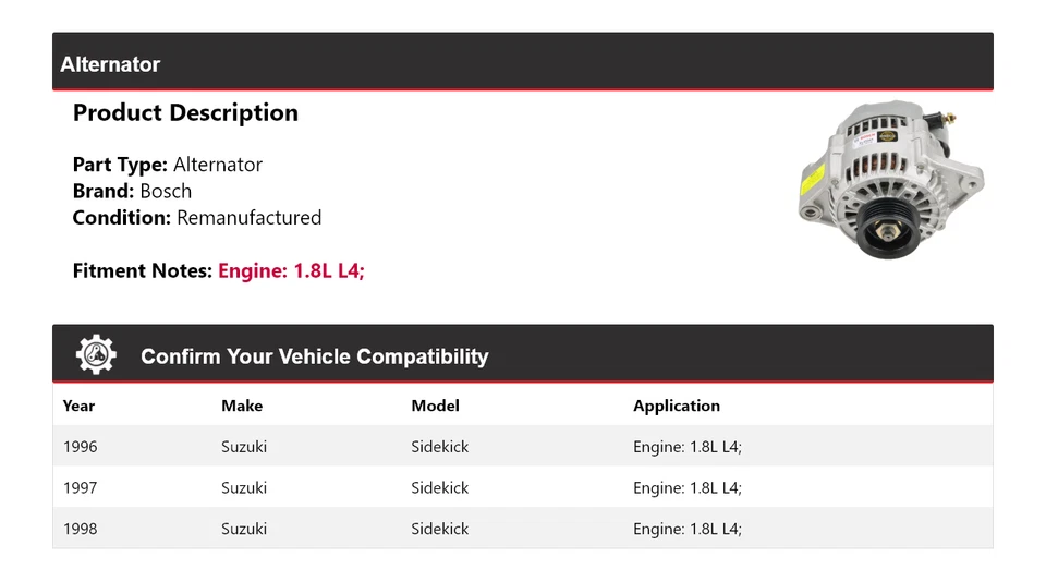 Alternador Bosch Para Suzuki Sidekick 1996-1998 1.8L L4 (Remanufacturado) 1997 Foto 2 de 4