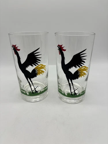MCM Federal Glass Black Rooster Crowing Highball Glasses VTG Barware Set Of 2