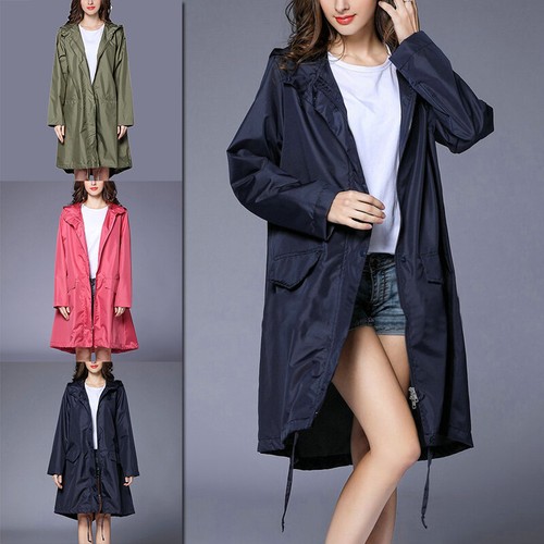 Womens Unisex Casual Hooded Long Raincoat Windproof Rain Waterproof Coat Jacket - Picture 7 of 32