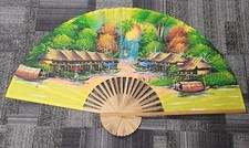 VTG Chinese Bamboo Hand Painted Canvas Floral Folding Wall Fan Art Large 5ft