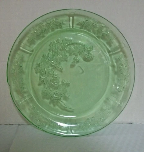 VTG FEDERAL GLASS SHARON CABBAGE ROSE GREEN DEPRESSION GLASS PLATE 9 IN VINTAGE