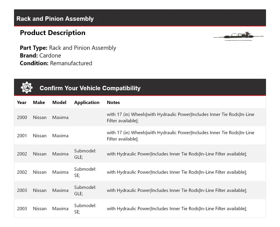 Montaje de piñón y cremallera para Nissan Máxima 2000-2003 Cardone 2001 2002 Foto 2 de 3