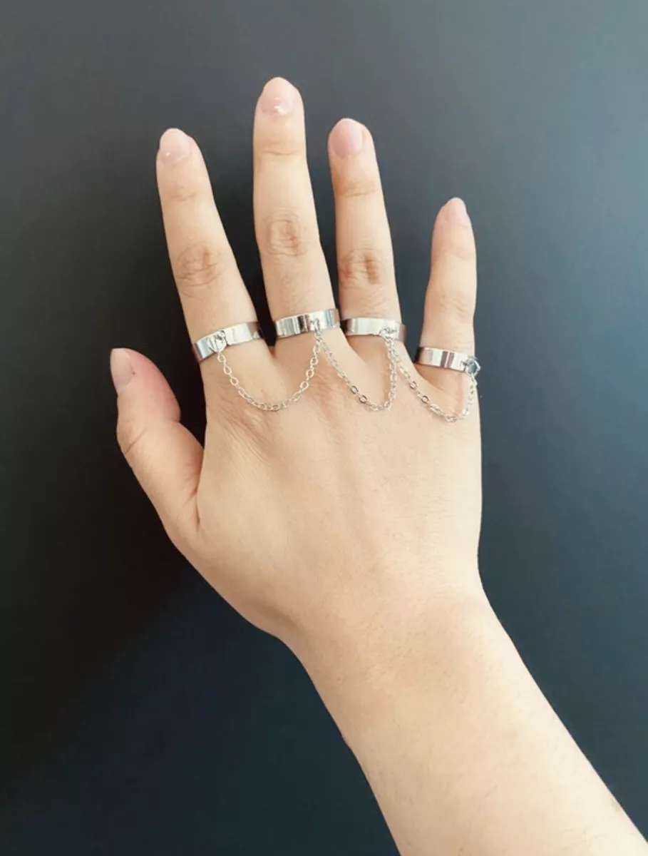 Punk Vintage Chain Finger Rings Set for Women Men Four Chain