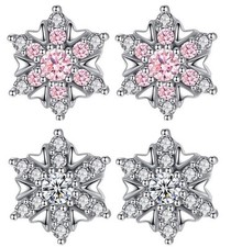 10mm Sterling Silver Crystalized Clear Pink Snowflake Stud Earrings Gift K37A