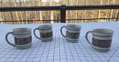 Otagiri Horizon Coffee Mugs Stripe Swirl Stoneware Japan- Set Of 4 Iridescent