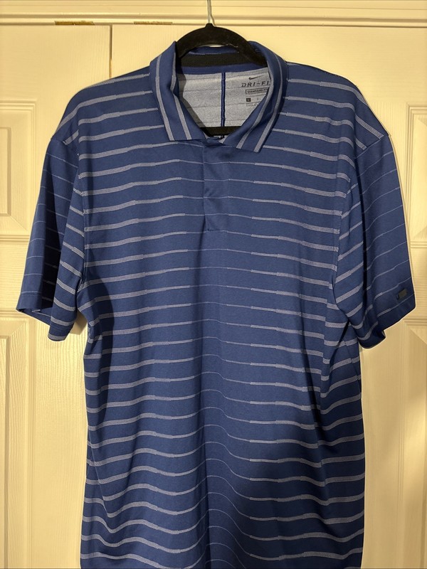 Nike Tiger Woods Collection NikeFITDRY Men's Large Blue Striped Polo Shirt Logo