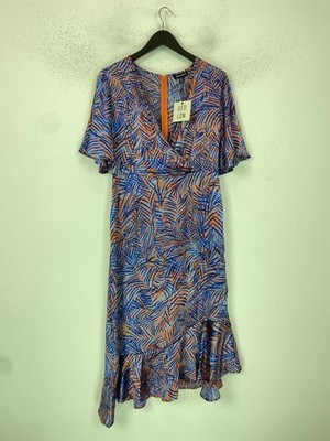 QED London Blue Orange Abstract Midi Dress Short Sleeve UK 12 NEW