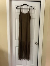 San Joy Brown Sleeveless Spaghetti Strap Maxi Dress w/ fringes