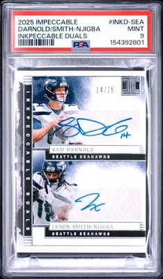 Sam Darnold Smith-Njigba 2025 Panini Impeccable Auto JSY #14/25 PSA 9 INKD-SEA