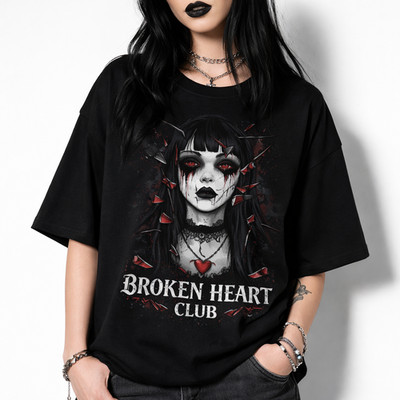 Broken Heart Club Shirt Gothic Girl Emo Aesthetic Dark Streetwear Graphic tshirt